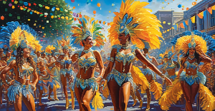 A lively Brazilian Carnival parade featuring dancers in colorful costumes with feathers and sequins, surrounded by a festive crowd and bright decorations under a clear blue sky.