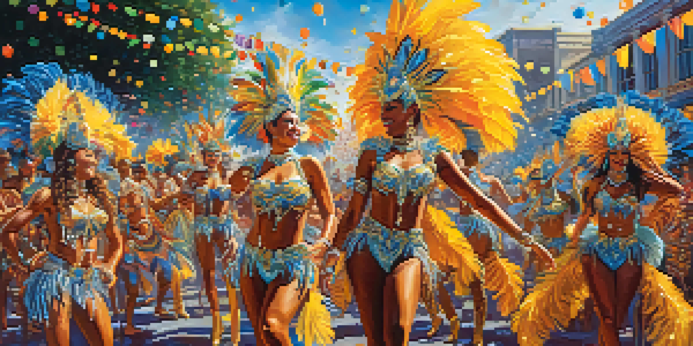 A lively Brazilian Carnival parade featuring dancers in colorful costumes with feathers and sequins, surrounded by a festive crowd and bright decorations under a clear blue sky.
