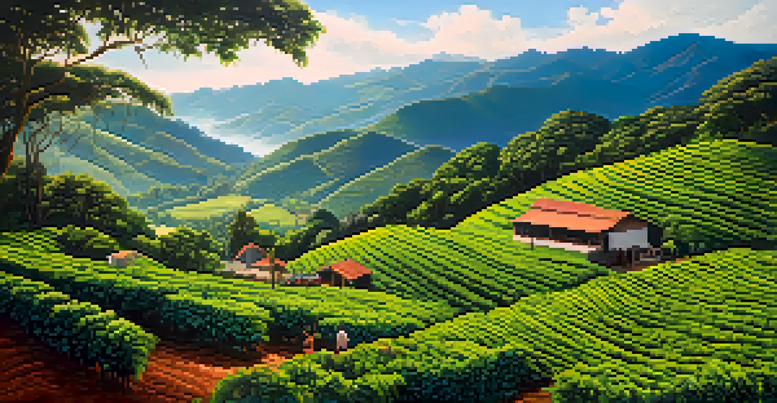 A scenic coffee farm in the mountains with a couple picking coffee cherries, surrounded by green hills and a clear blue sky.