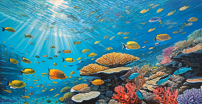 An underwater scene of Brazil's coral reefs with colorful fish and intricate coral formations, while a snorkeler glides above.