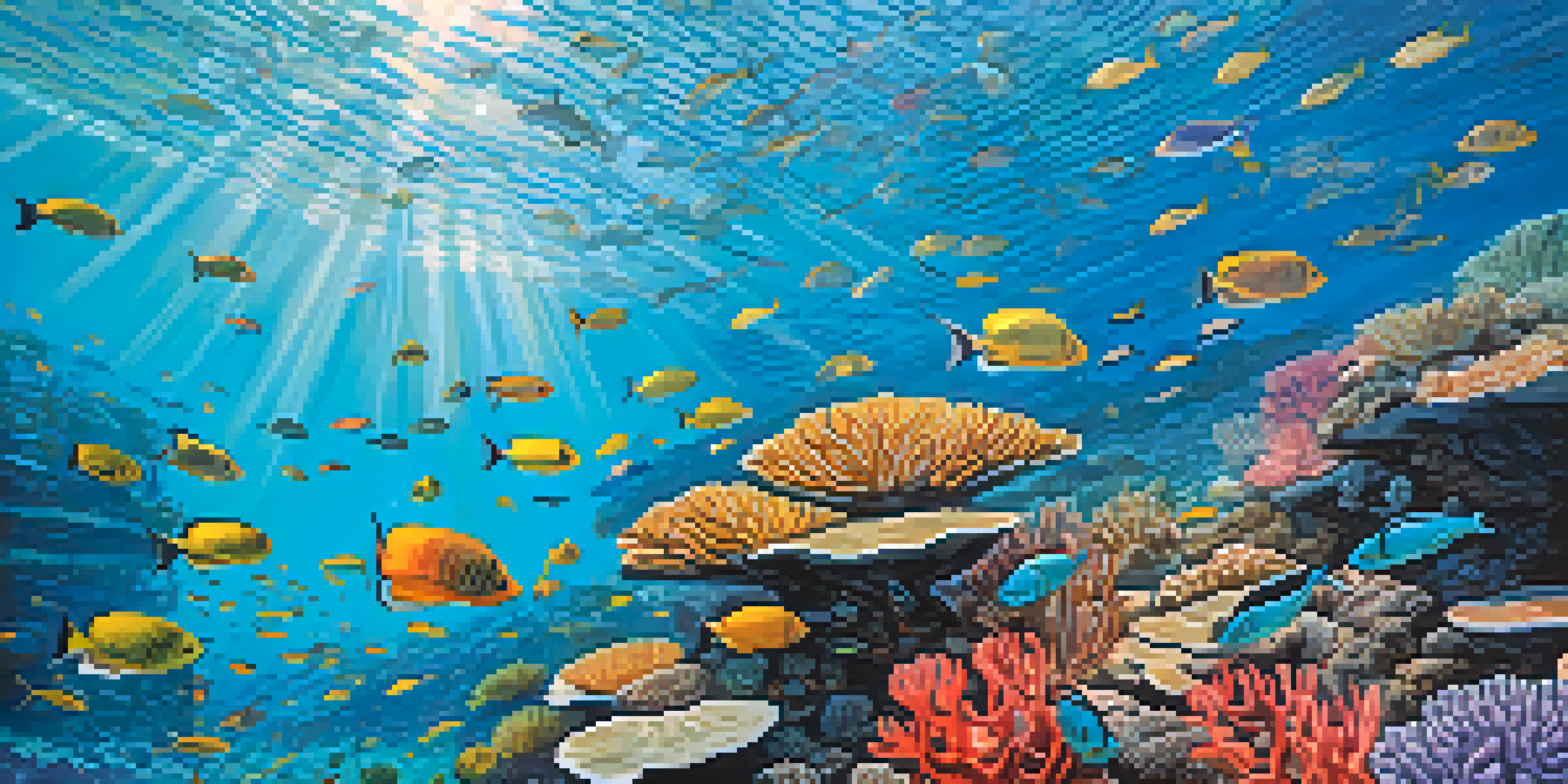 An underwater scene of Brazil's coral reefs with colorful fish and intricate coral formations, while a snorkeler glides above.