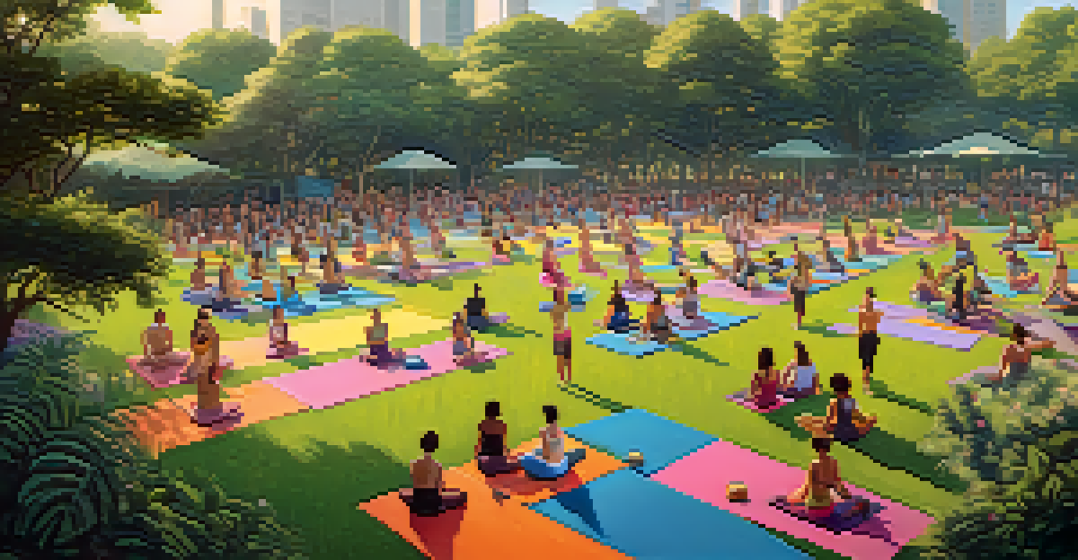 Aerial view of a yoga class in an urban park, with participants on colorful mats and trees in the background.