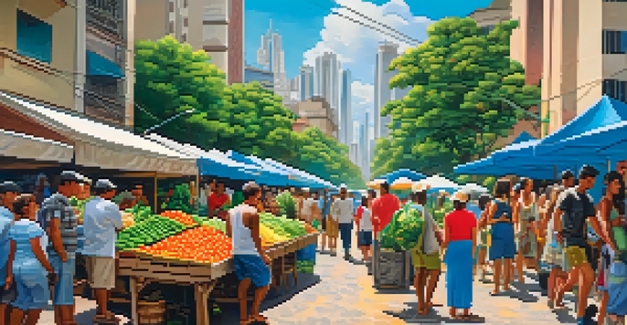 A lively outdoor market in São Paulo with colorful produce, diverse crowds, and tall buildings in the background.