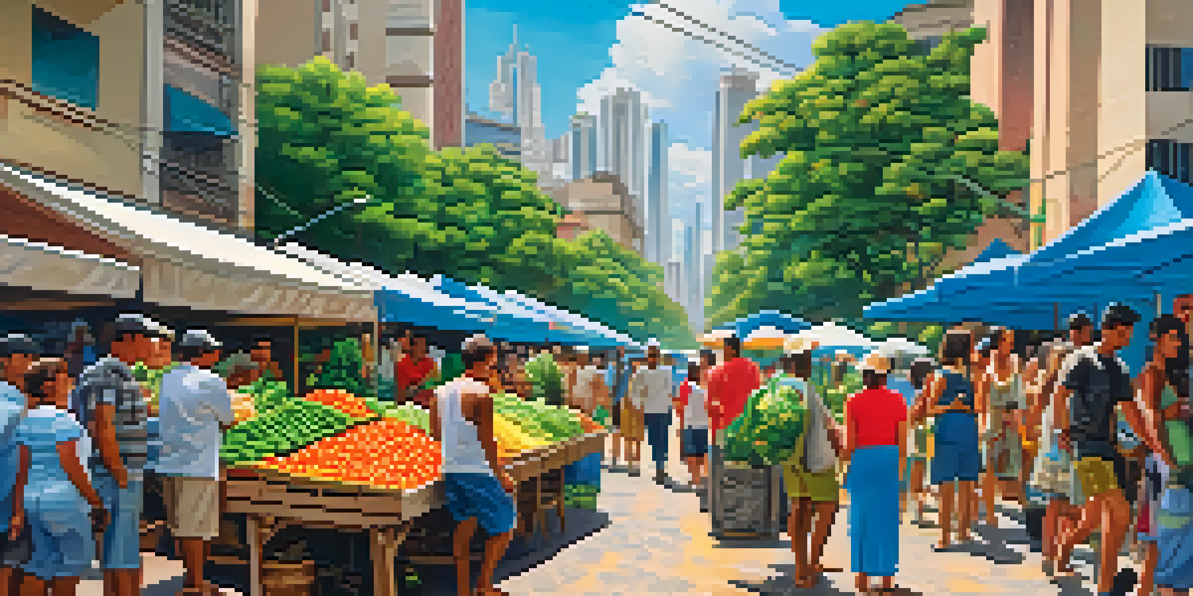 A lively outdoor market in São Paulo with colorful produce, diverse crowds, and tall buildings in the background.