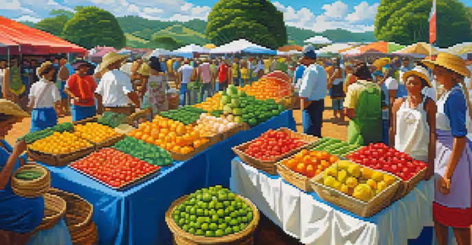 A lively Brazilian agricultural fair with colorful stalls of fruits and handcrafted goods, artisans showcasing pottery and textiles, and a crowd enjoying the vibrant atmosphere.