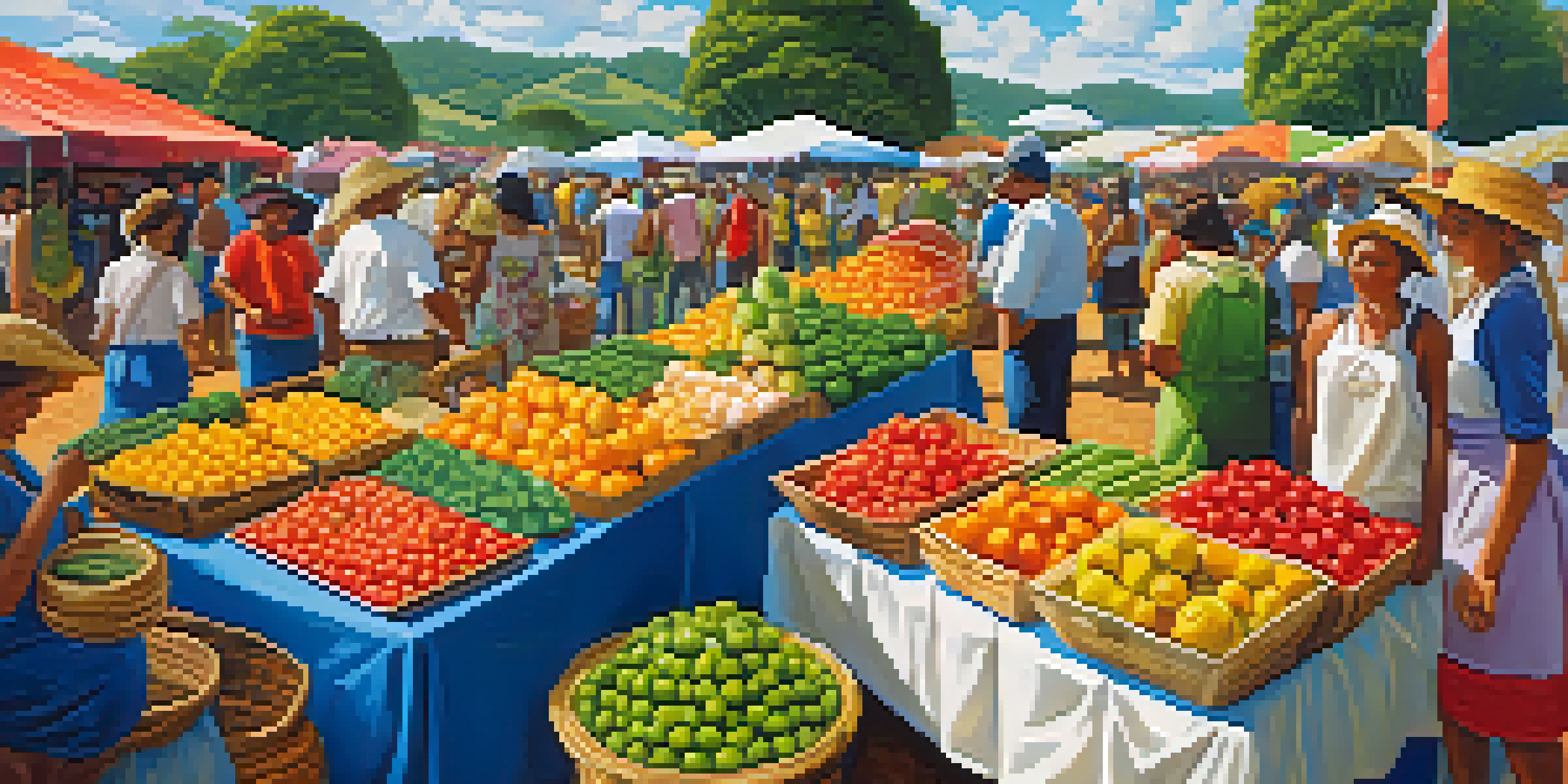 A lively Brazilian agricultural fair with colorful stalls of fruits and handcrafted goods, artisans showcasing pottery and textiles, and a crowd enjoying the vibrant atmosphere.
