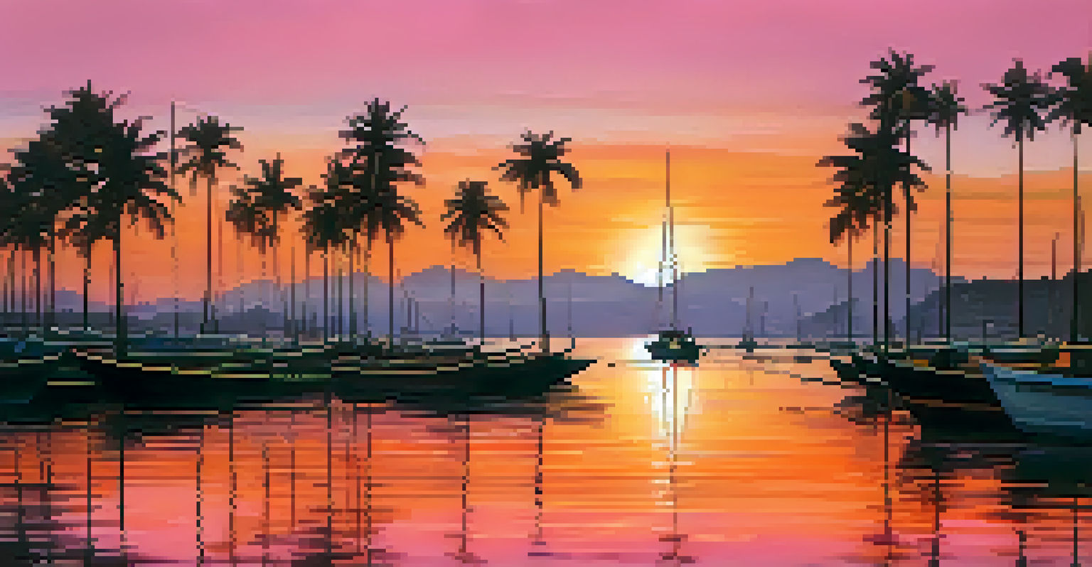 A stunning sunset view of a Brazilian coastal city with palm trees silhouetted against a vibrant orange and pink sky, and boats on the calm ocean.