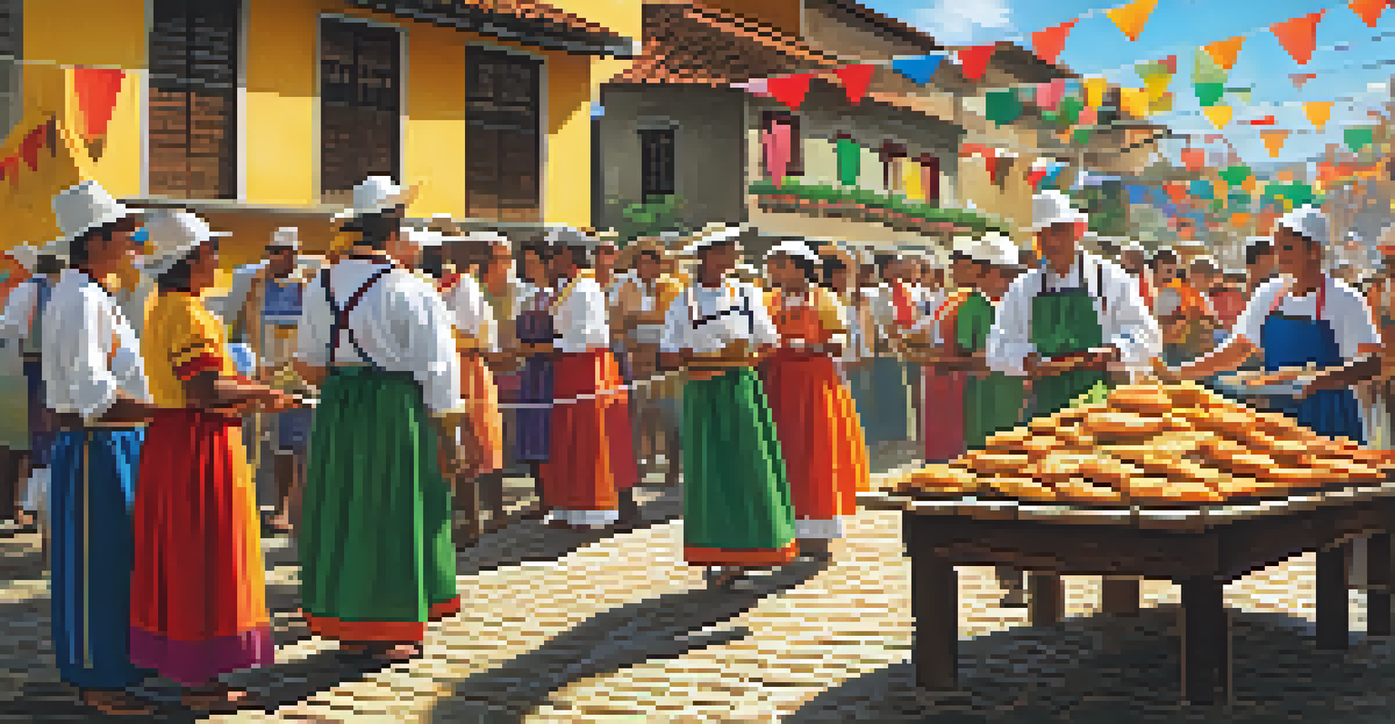 A festive scene at the Festa do Divino, showcasing locals in traditional attire and colorful decorations in a sunny street.