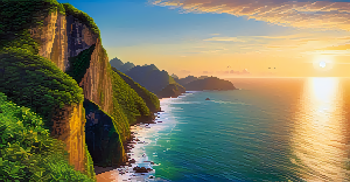 A hiker standing on a cliff during sunset, overlooking the Atlantic Ocean and lush green cliffs in Bahia, Brazil.