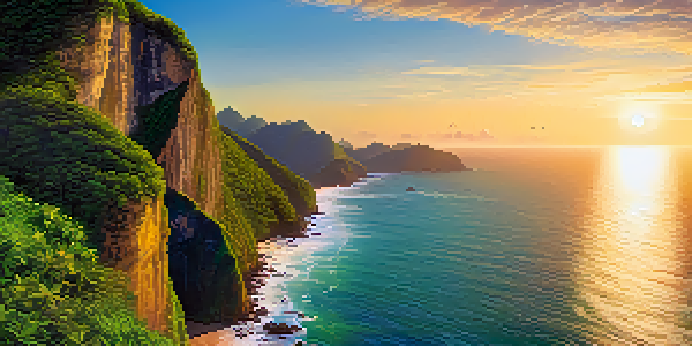 A hiker standing on a cliff during sunset, overlooking the Atlantic Ocean and lush green cliffs in Bahia, Brazil.