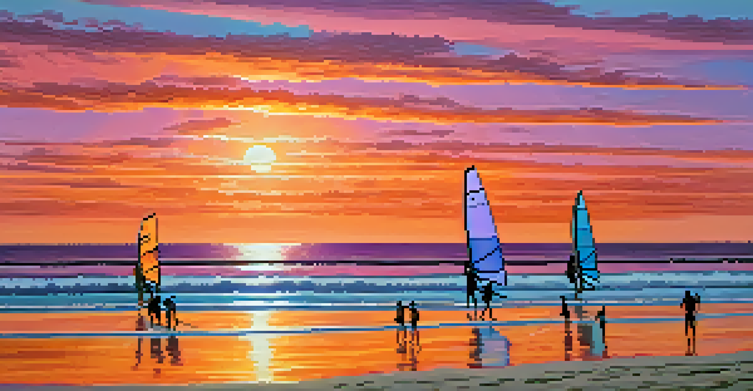 A peaceful sunset over Jericoacoara beach with windsurfers silhouetted against a colorful sky and calm waters reflecting the sunset.