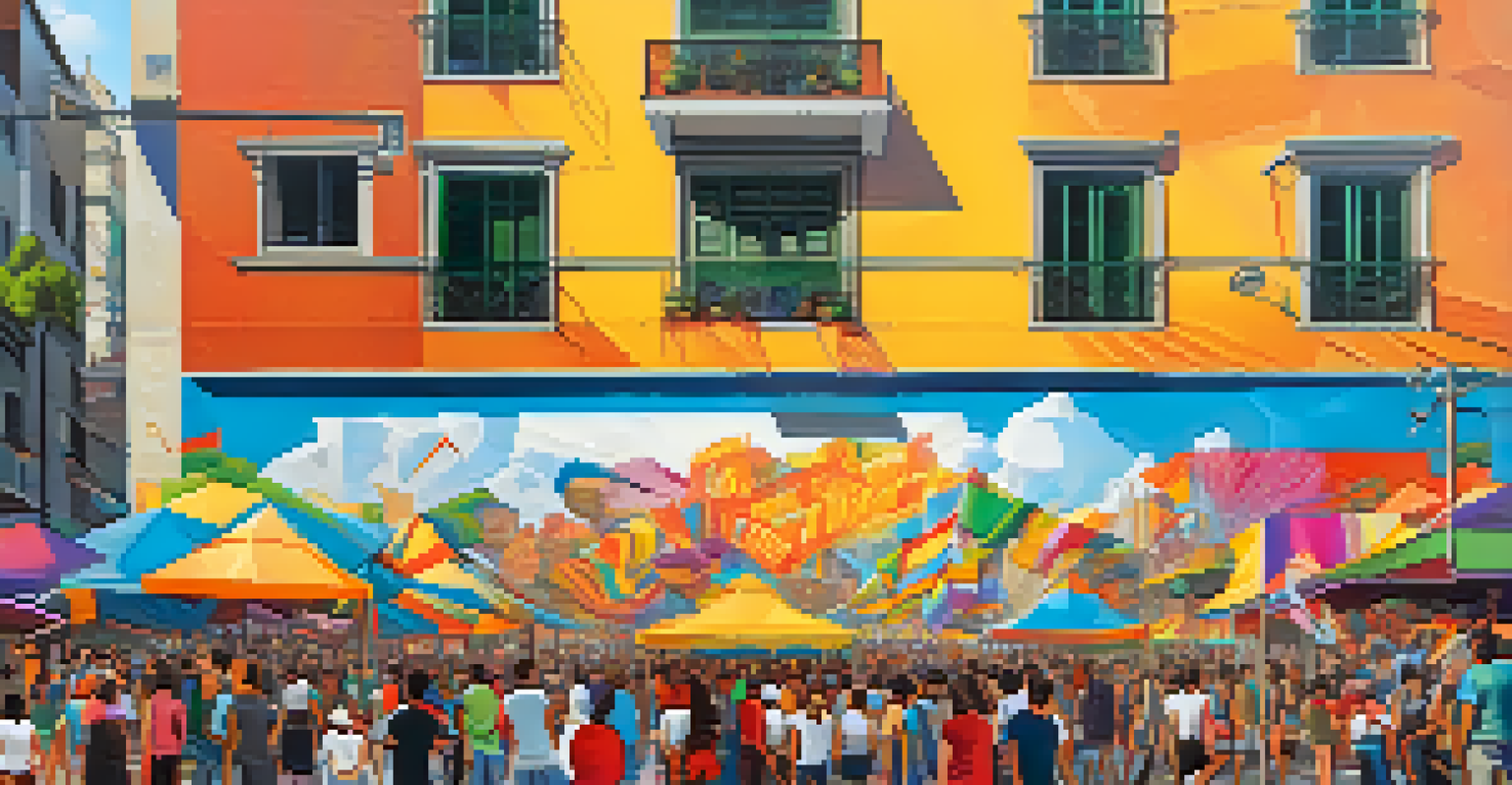 A lively street art festival in São Paulo, featuring artists at work, crowds, and vibrant decorations.