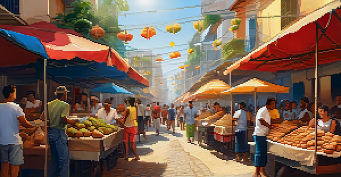 A lively street food market in Brazil with various food stalls selling coxinha and pastéis, showcasing vibrant colors and cheerful customers.