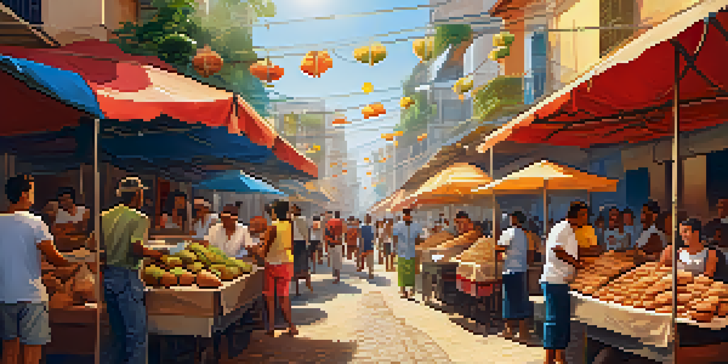 A lively street food market in Brazil with various food stalls selling coxinha and pastéis, showcasing vibrant colors and cheerful customers.