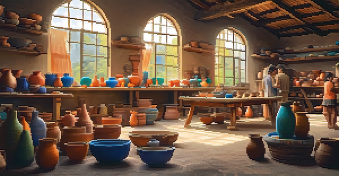 Artisans working in a bright pottery workshop, surrounded by colorful clay pots and tools, with sunlight illuminating the scene.
