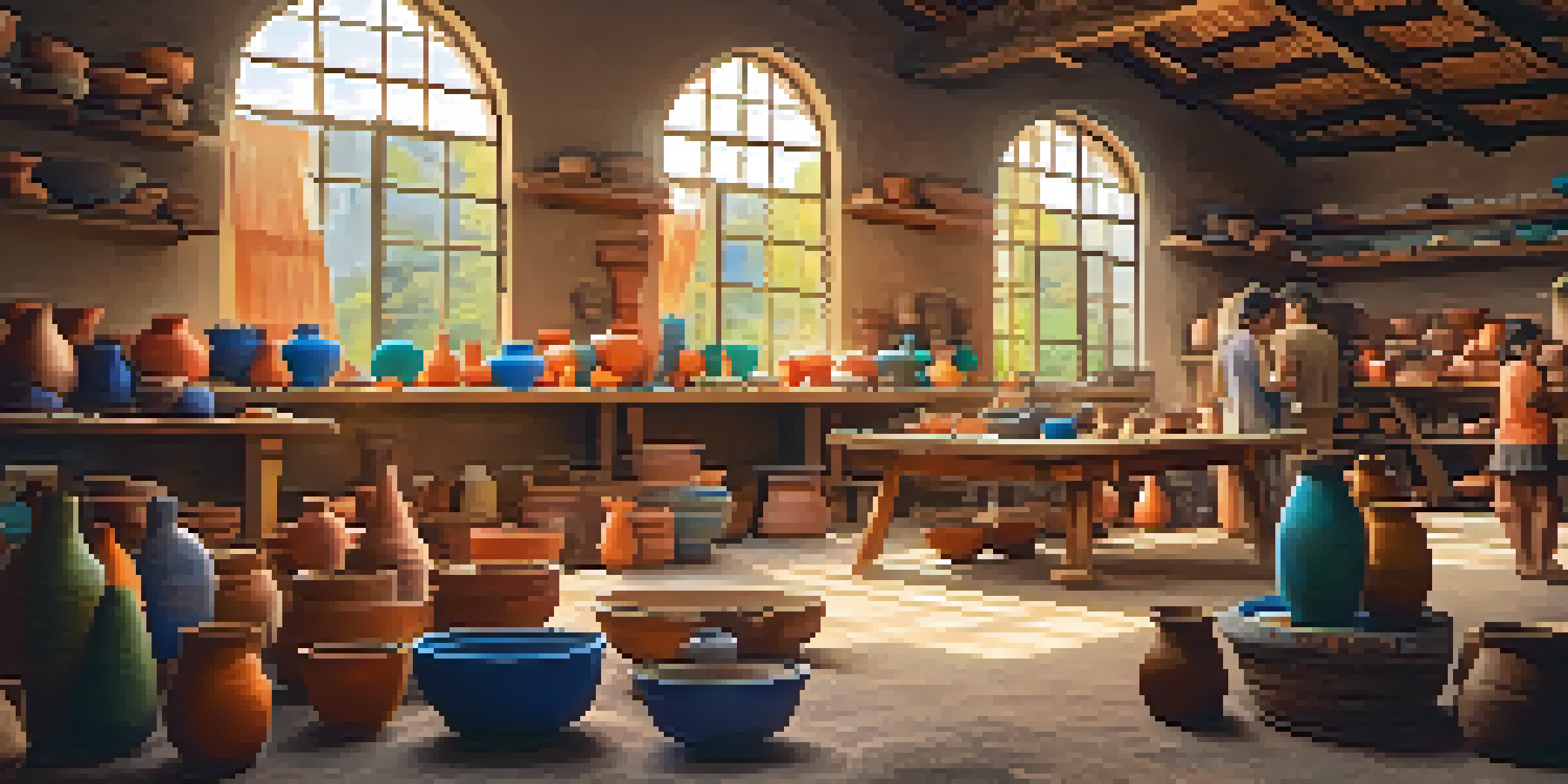 Artisans working in a bright pottery workshop, surrounded by colorful clay pots and tools, with sunlight illuminating the scene.
