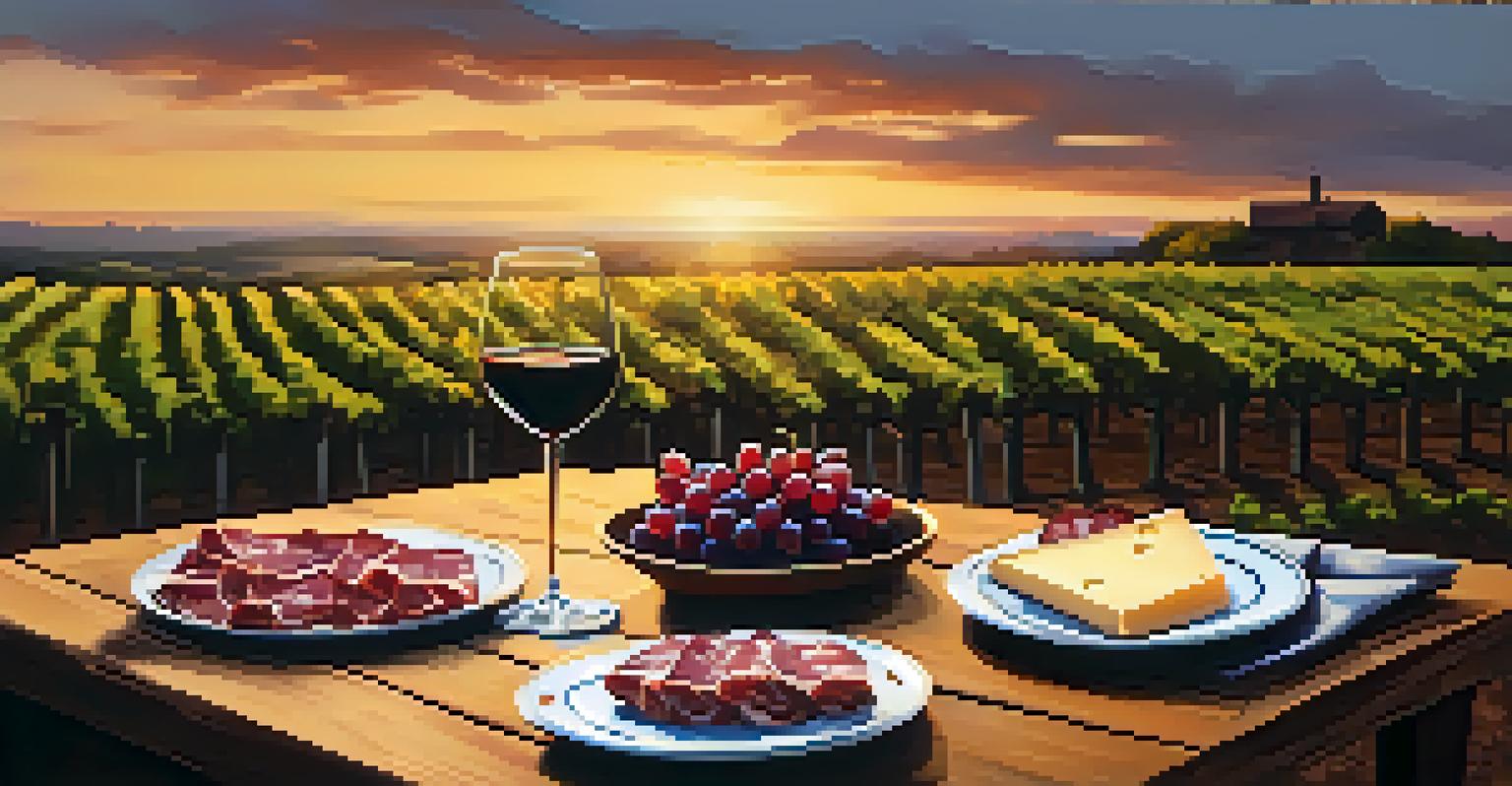 A picturesque vineyard in Brazil at sunset, featuring rows of grapevines, a table set with wine and cheese, all bathed in warm golden light.