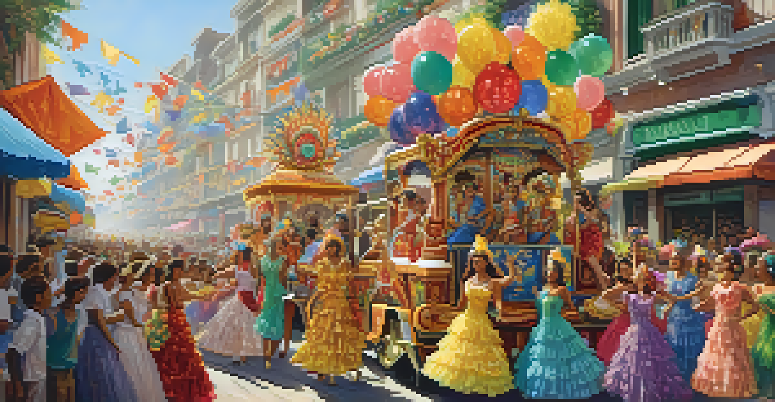 A lively carnival parade with colorful floats, dancers in vibrant costumes, and a cheering crowd under a sunny sky.