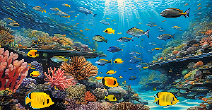 An underwater view of colorful coral reefs with schools of tropical fish swimming in clear waters, illuminated by sunlight.