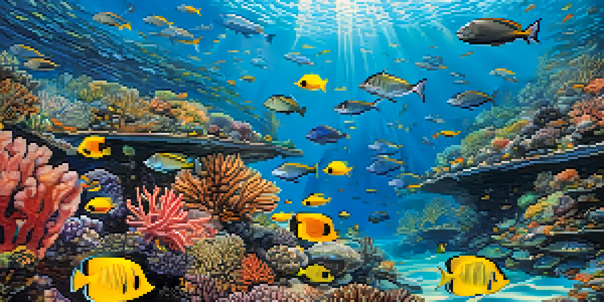An underwater view of colorful coral reefs with schools of tropical fish swimming in clear waters, illuminated by sunlight.