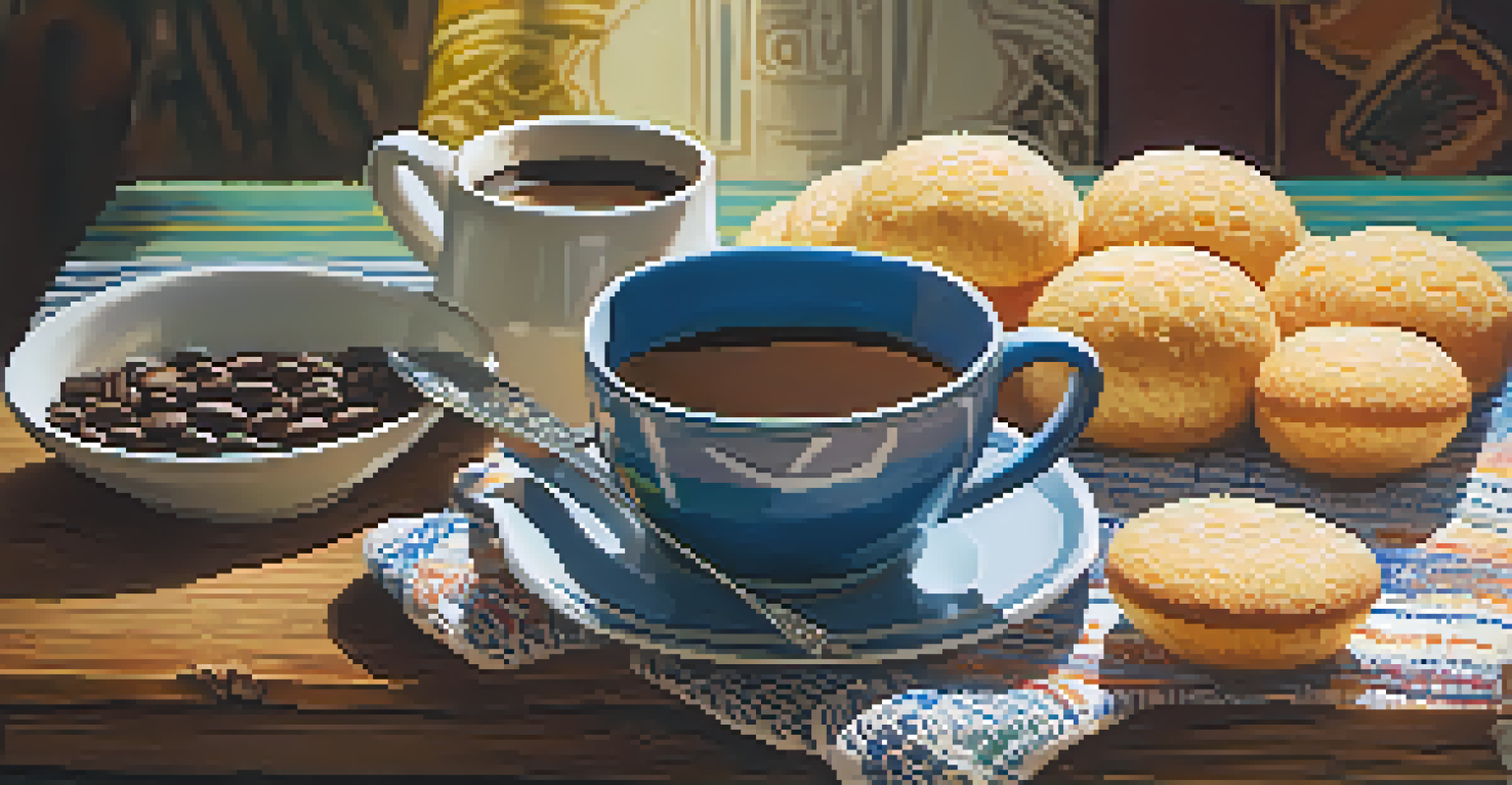 A steaming cup of Brazilian coffee on a rustic wooden table, with traditional snacks like cheese bread and chocolate truffles beside it, illuminated by soft morning light.