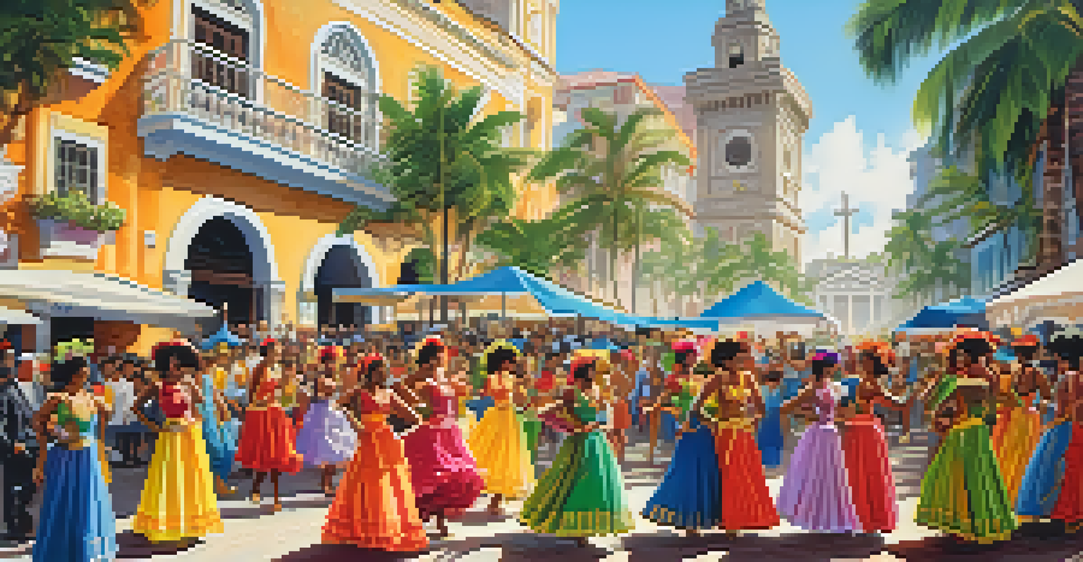A lively street festival in Rio de Janeiro featuring dancers in colorful costumes and a joyful crowd.
