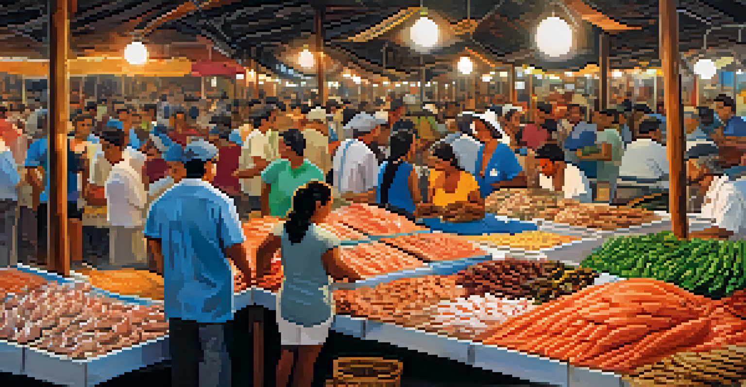 A cozy market scene in Recife with vendors selling seafood and handicrafts, showcasing community interactions.