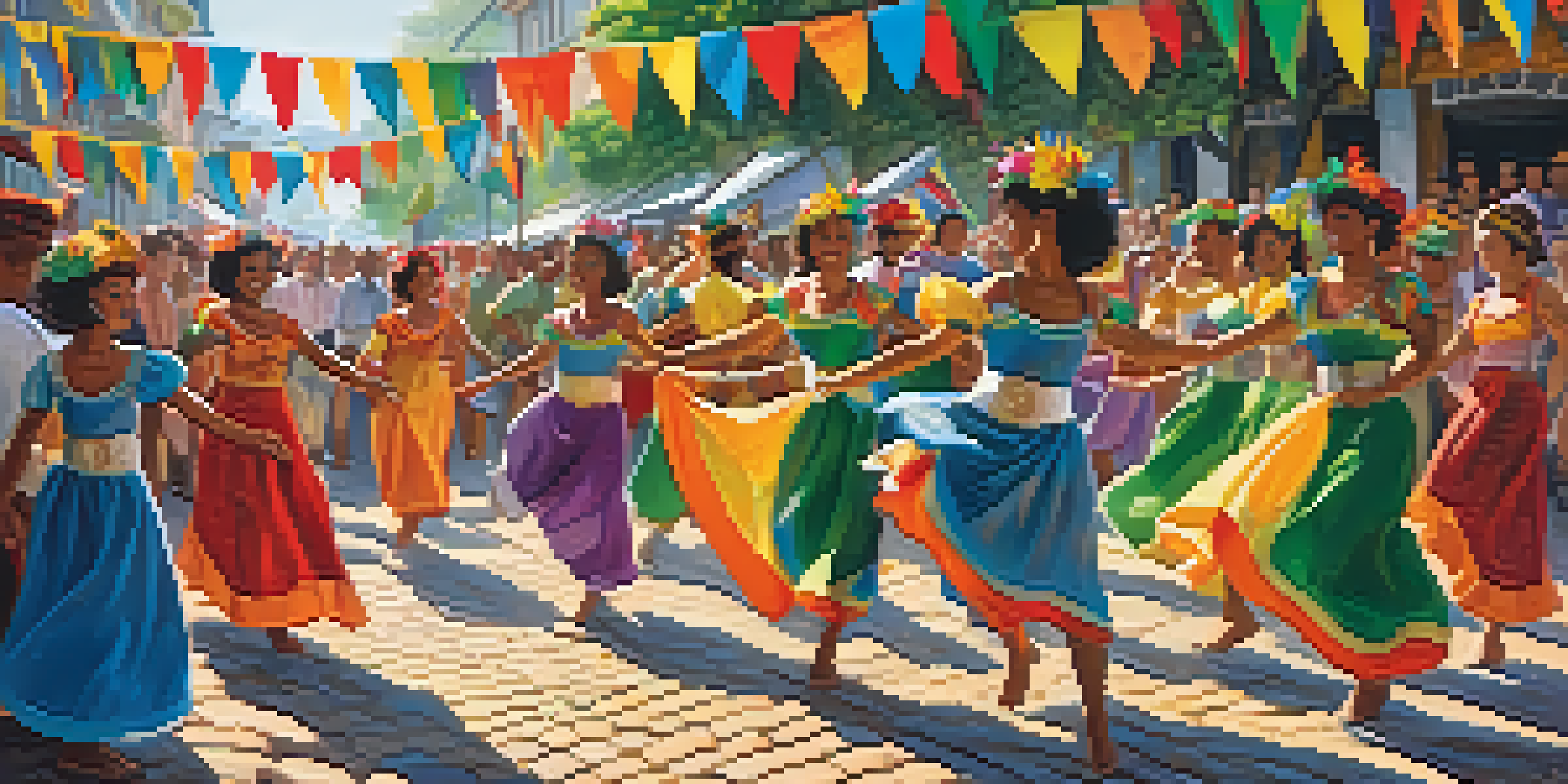 A lively Brazilian folk festival with dancers in colorful costumes performing samba on a decorated street, surrounded by cheering spectators.