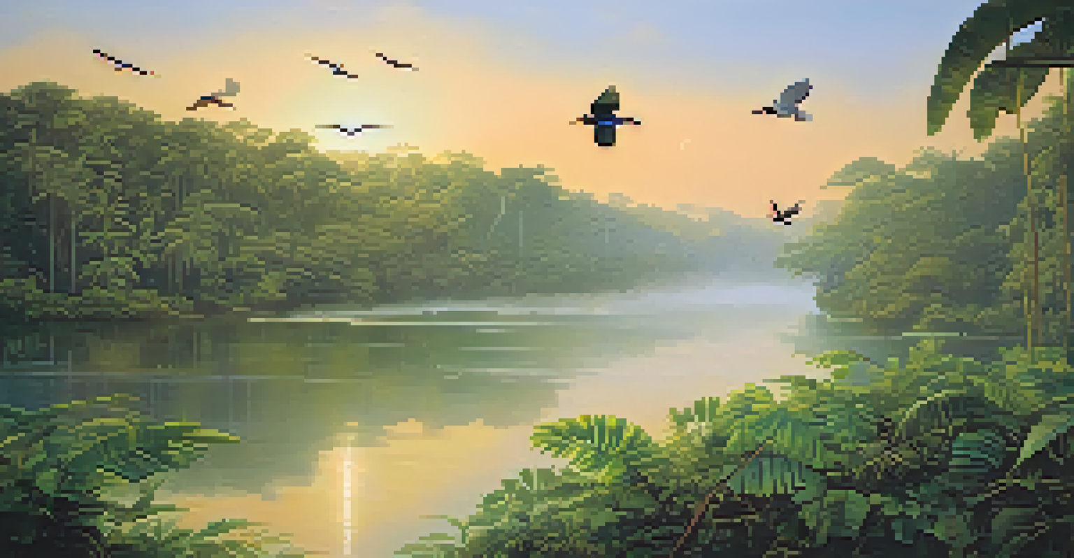 A tranquil sunrise in the Amazon rainforest with mist over the river and exotic birds in flight, surrounded by lush green foliage.