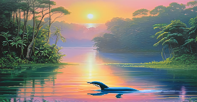 A peaceful sunrise over the Amazon River with a playful pink Boto dolphin surfacing in calm waters, surrounded by lush greenery.