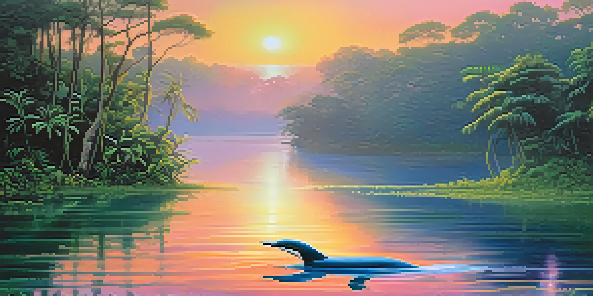 A peaceful sunrise over the Amazon River with a playful pink Boto dolphin surfacing in calm waters, surrounded by lush greenery.