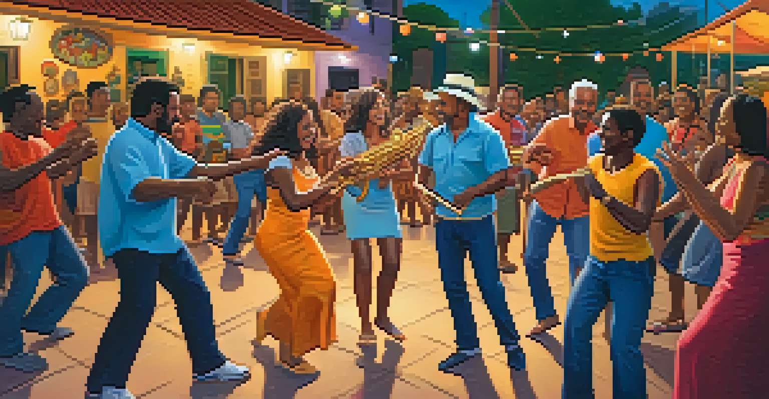 A community Samba circle with diverse participants dancing and musicians playing traditional instruments.