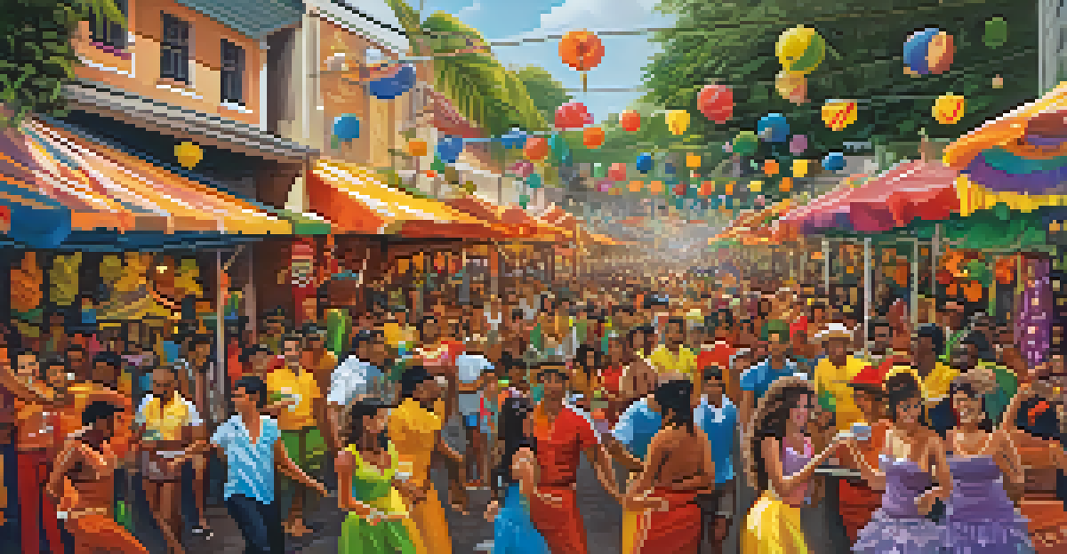 A colorful Brazilian Carnival scene showcasing dancers and street food, representing the festive spirit of Brazil.