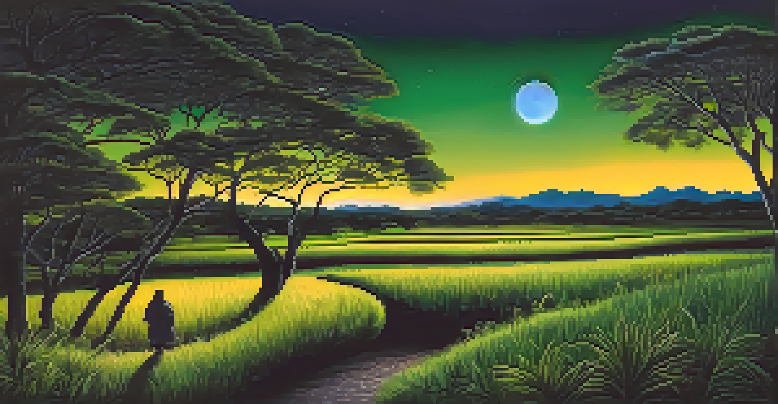 A glowing serpent, Boitatá, leading a lost traveler through a night field, with a serene moonlit backdrop.