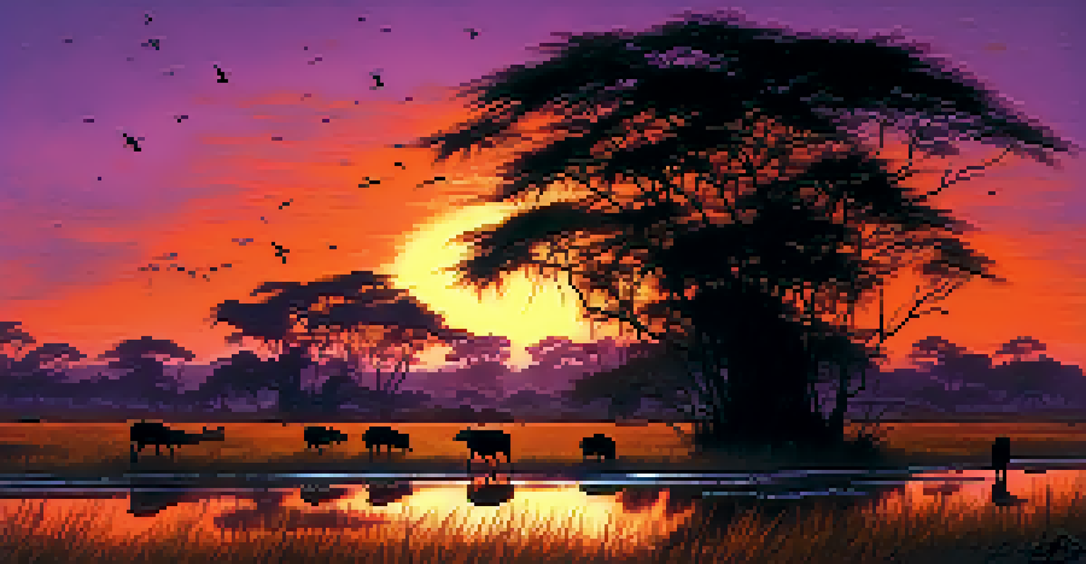 Capybaras gathered around a waterhole in the Pantanal wetlands at sunset.