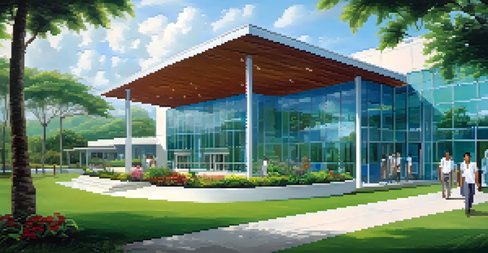A modern medical facility in Brazil surrounded by greenery and flowers, with patients entering the building.