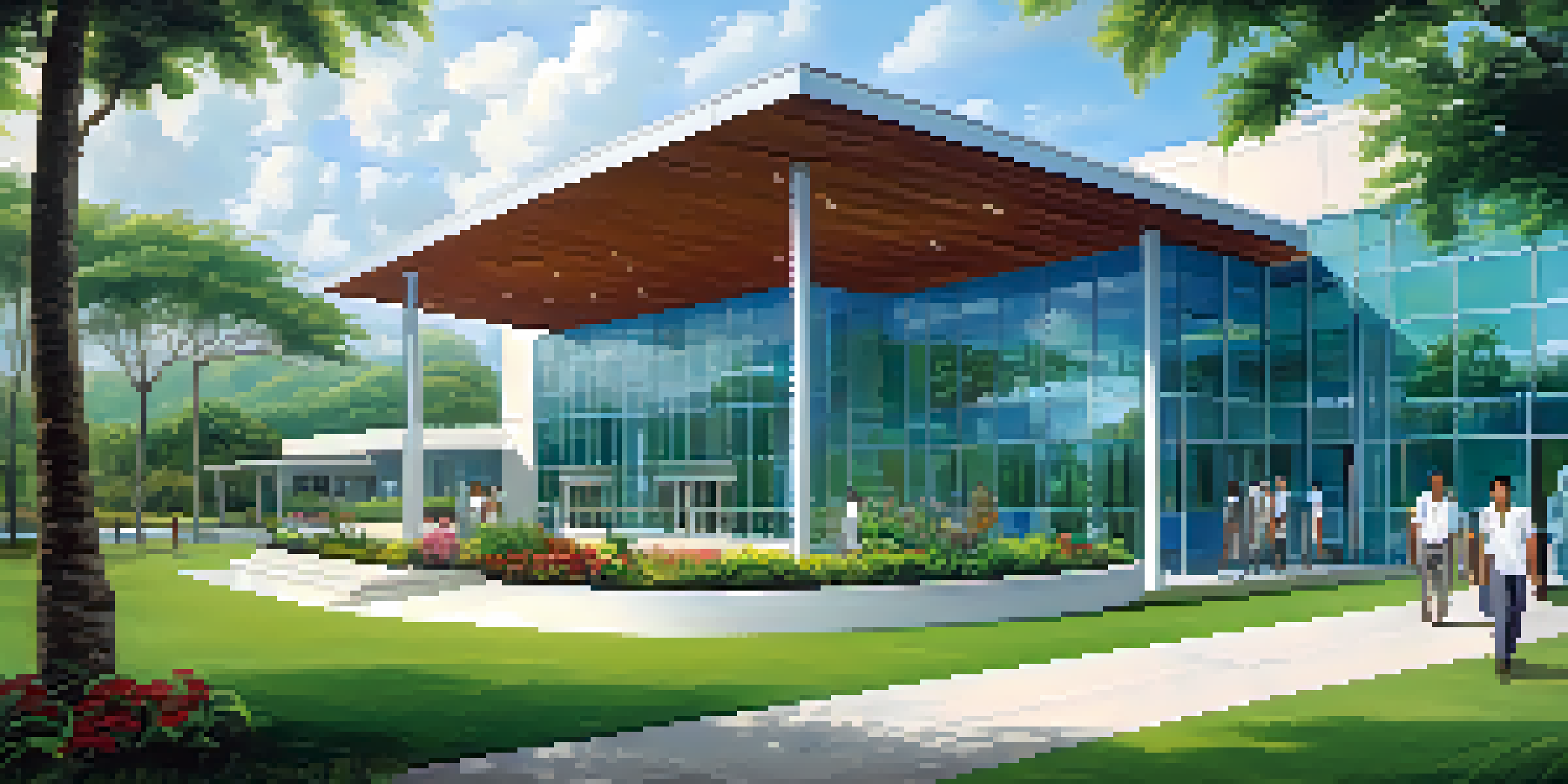 A modern medical facility in Brazil surrounded by greenery and flowers, with patients entering the building.