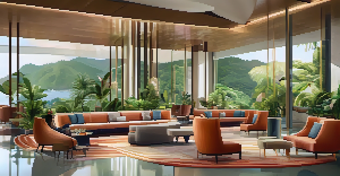 A luxurious hotel lobby with modern design, plush seating, and large windows filled with natural light. Tropical plants and artwork enhance the lively atmosphere.