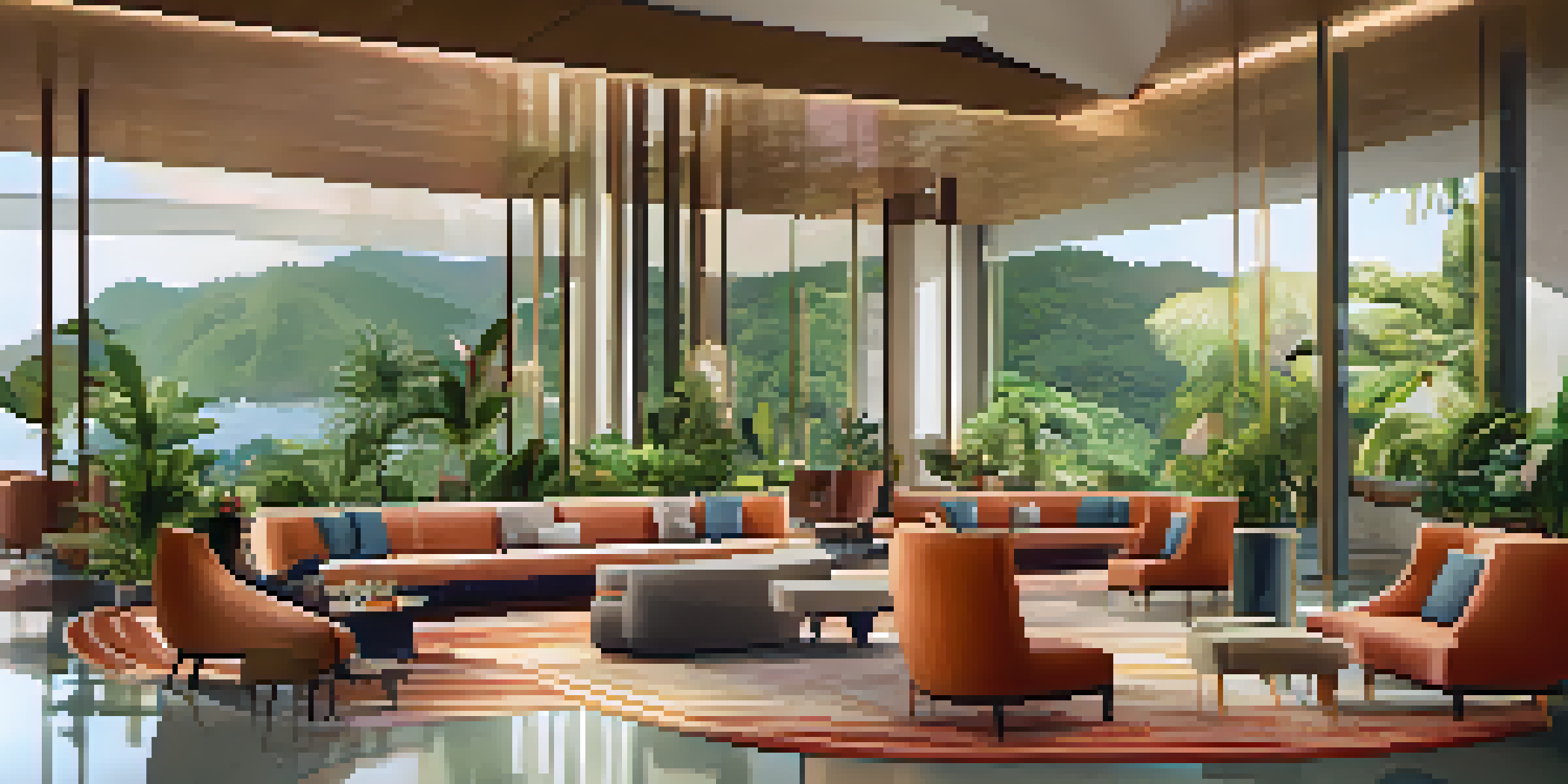 A luxurious hotel lobby with modern design, plush seating, and large windows filled with natural light. Tropical plants and artwork enhance the lively atmosphere.
