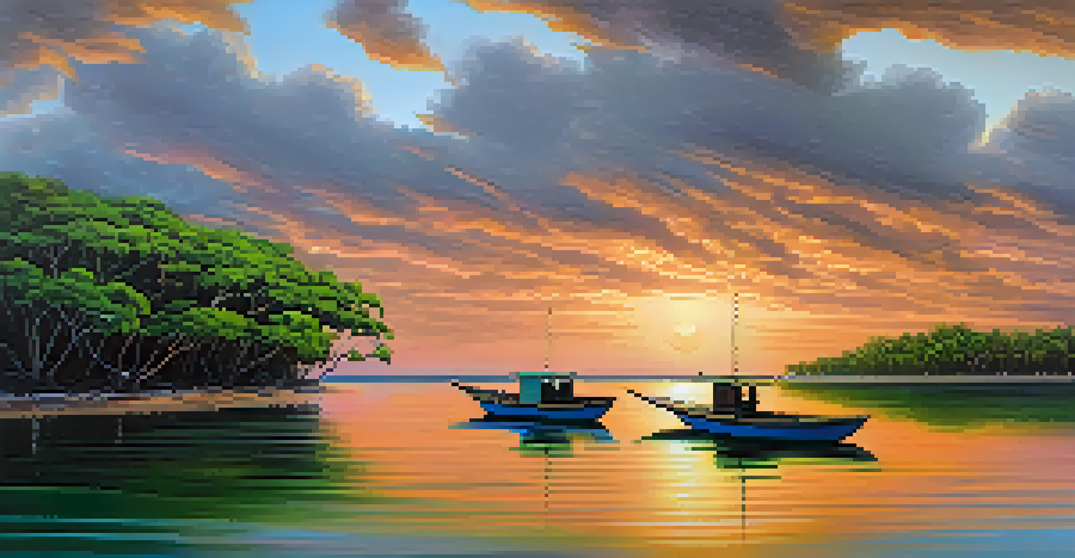A coastal view of Brazil showing lush mangroves at sunset with calm waters reflecting colorful clouds and small boats along the shoreline.