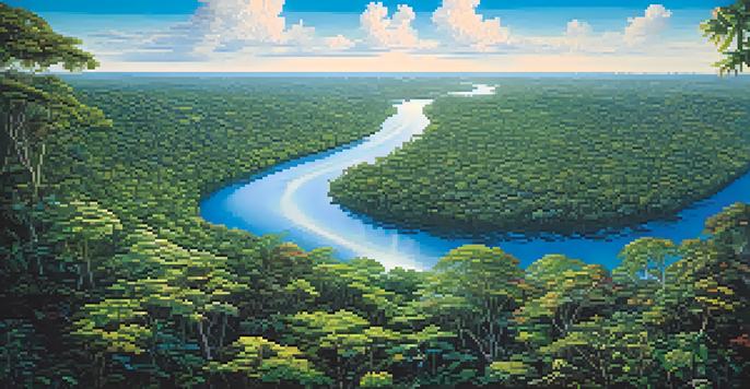 Aerial view of the lush green Amazon Rainforest with a winding river and colorful flowers under sunlight.
