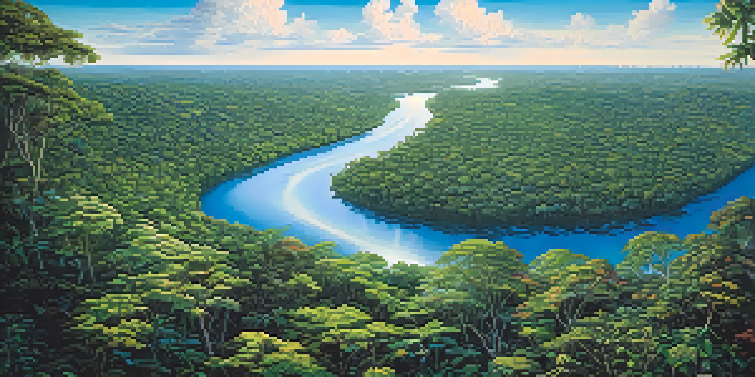 Aerial view of the lush green Amazon Rainforest with a winding river and colorful flowers under sunlight.