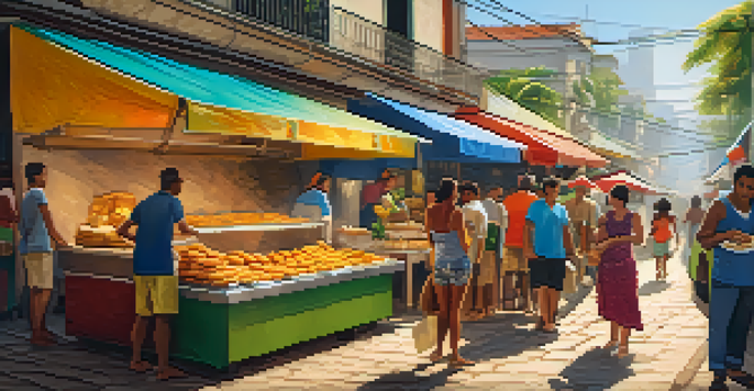 A colorful street food market in Rio de Janeiro with vendors serving traditional Brazilian dishes and people enjoying their meals under warm sunlight.