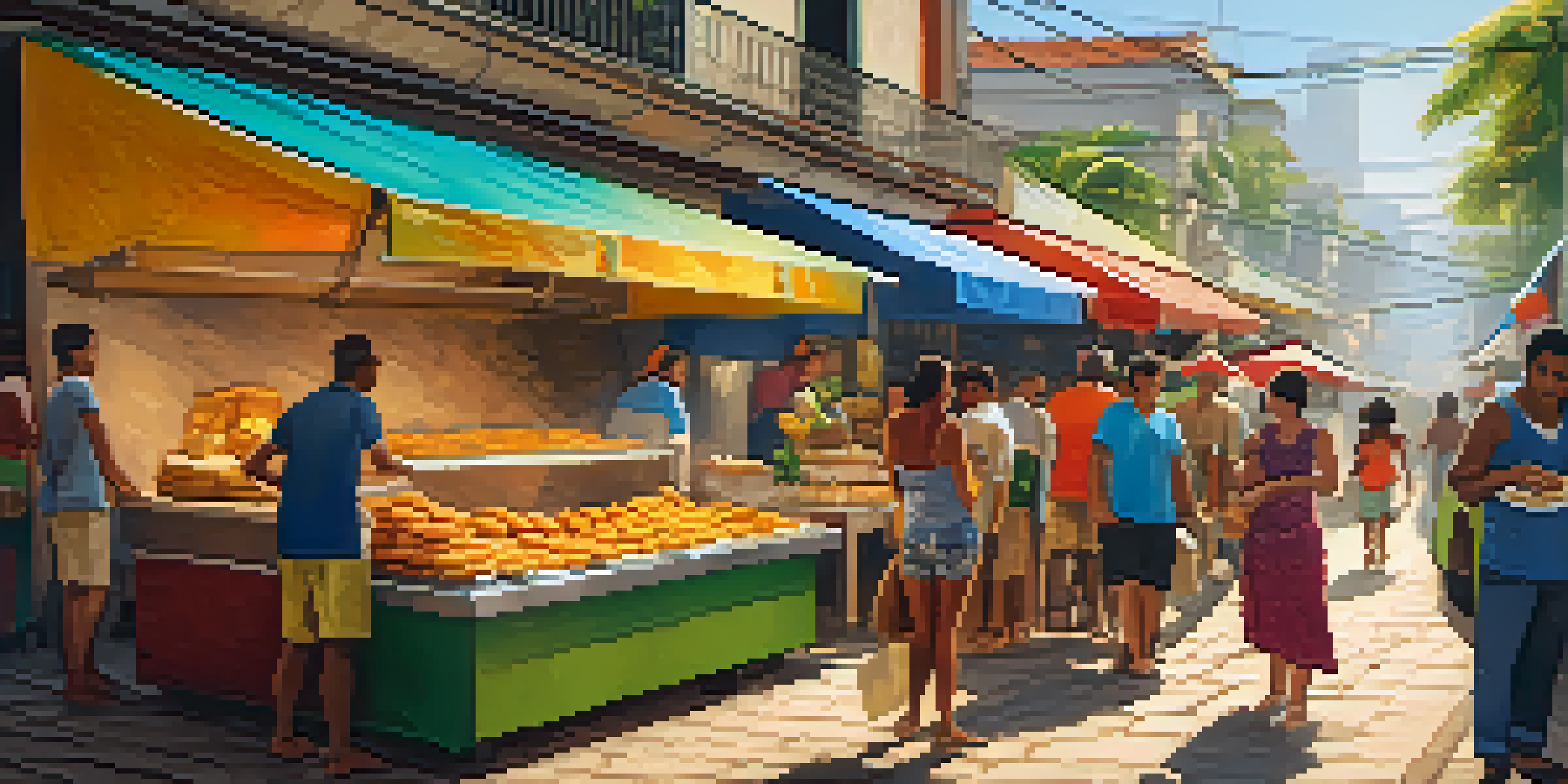 A colorful street food market in Rio de Janeiro with vendors serving traditional Brazilian dishes and people enjoying their meals under warm sunlight.