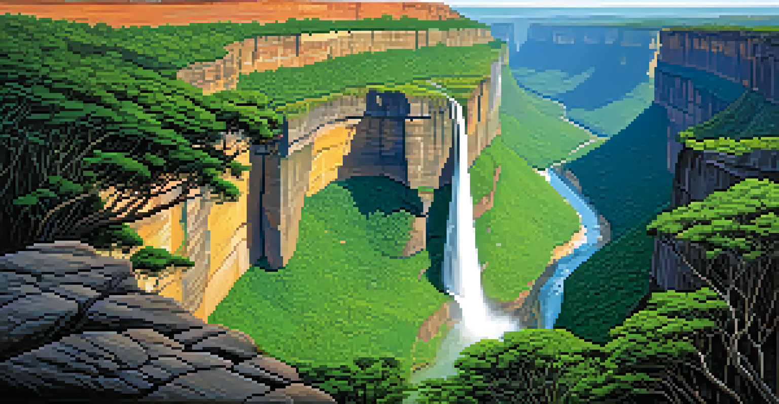 A climber scaling a sandstone cliff in Chapada dos Veadeiros National Park, surrounded by greenery and waterfalls.
