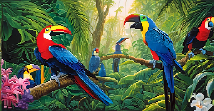 A colorful depiction of exotic birds in the Amazon rainforest with sunlight filtering through the trees.