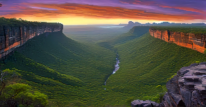 A stunning sunset view of Chapada Diamantina National Park with rock formations and a waterfall.