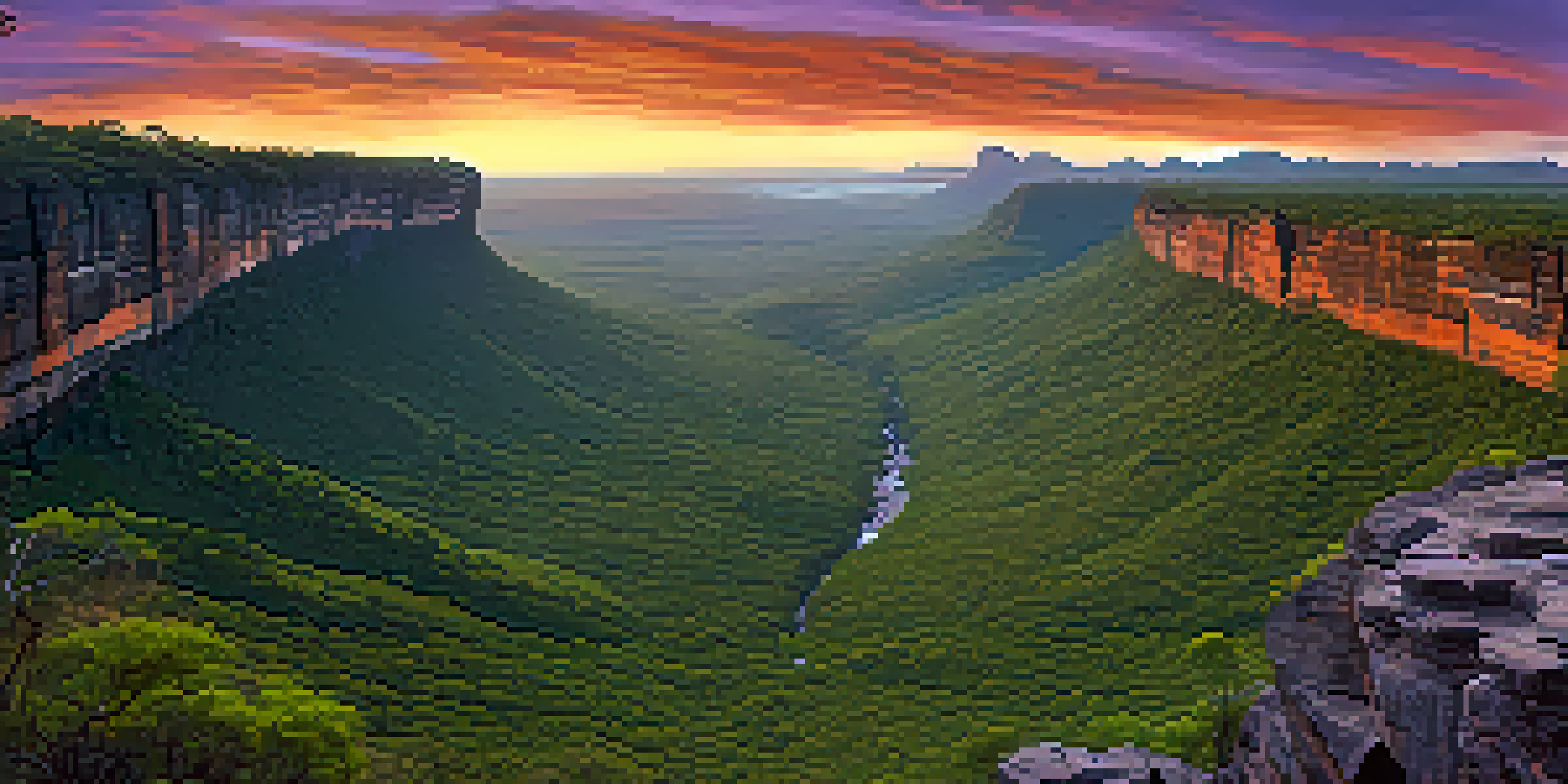 A stunning sunset view of Chapada Diamantina National Park with rock formations and a waterfall.