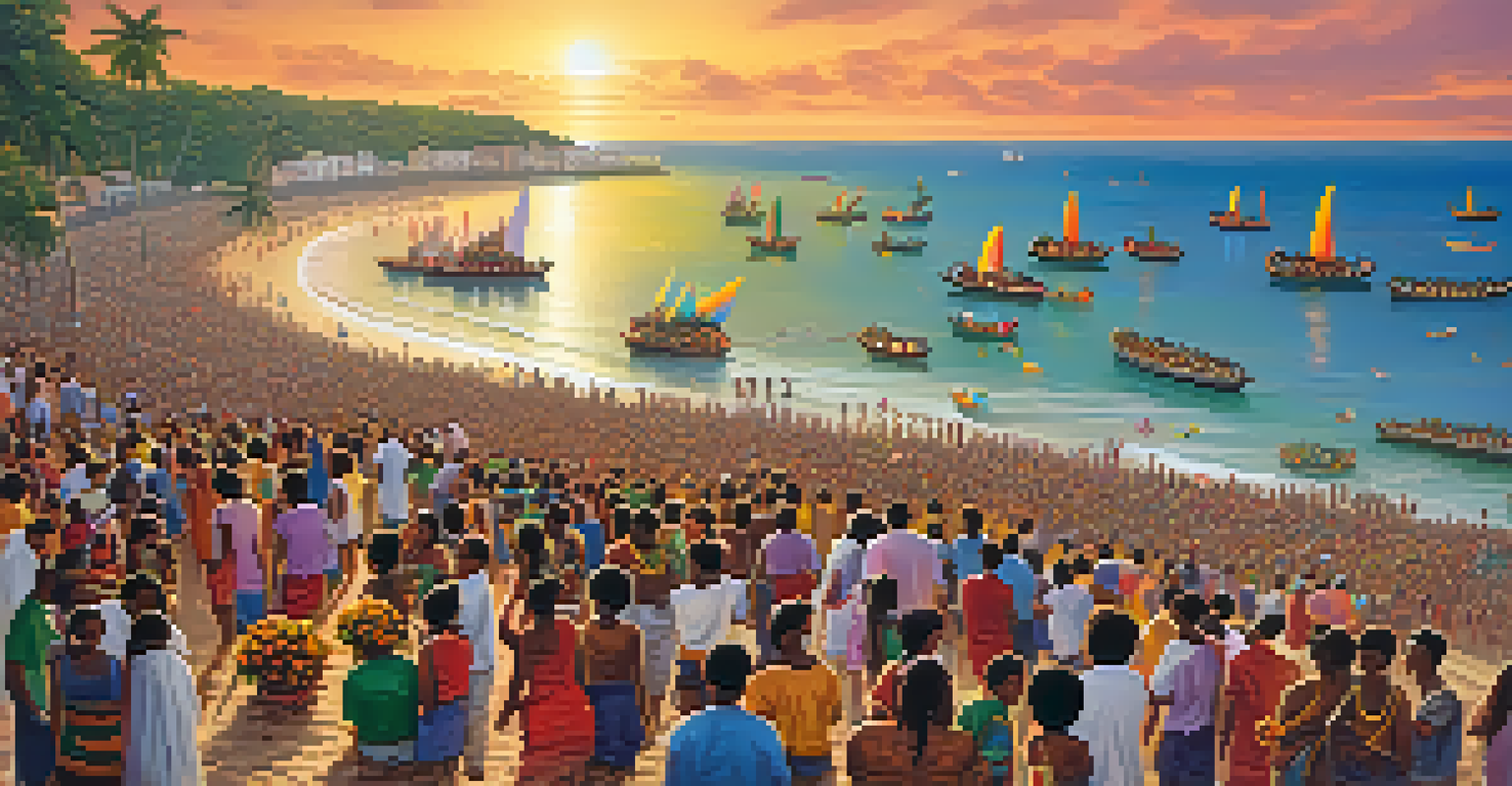 Devotees at the Iemanjá Festival sending colorful offerings into the sea during sunset.