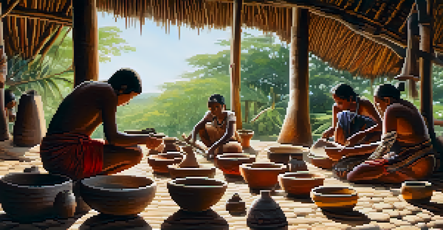 An indigenous artisan crafting pottery in a workshop surrounded by trees, showcasing traditional craftsmanship and natural elements.